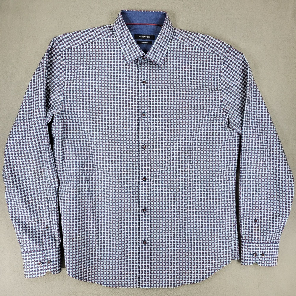 Lot 4 Bugatchi Print Plaid Cuff Long‎ Sleeve Button Down Shirt Men L Shaped Fit - Picture 9 of 16